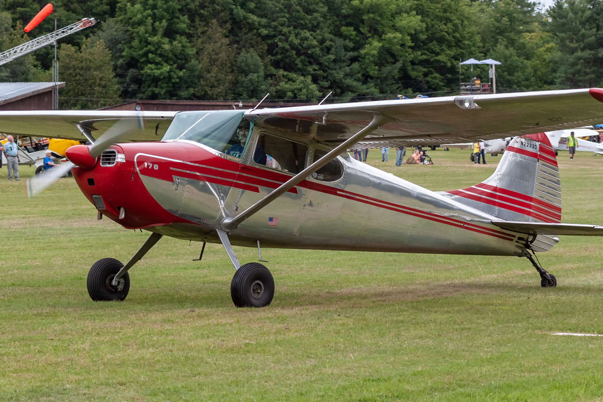 Cessna 170B (N2233D, c/n 20385) at the 33rd annual Bowman Field (B10; Livermore Falls, ME) Fly-in on 2019-08-24.