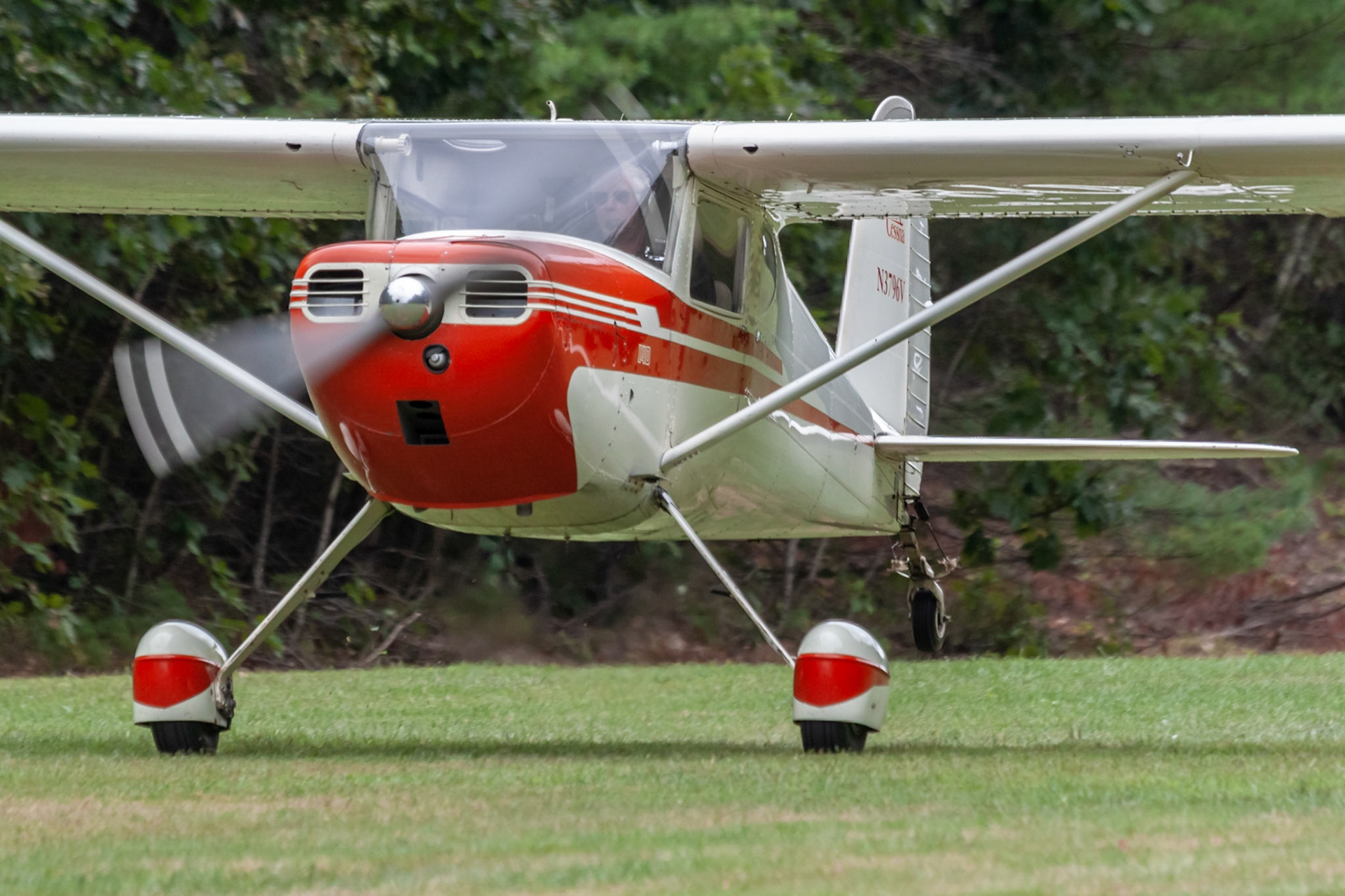 Cessna 140A (N3796V, c/n 15217) at the 33rd annual Bowman Field (B10; Livermore Falls, ME) Fly-in on 2019-08-24.