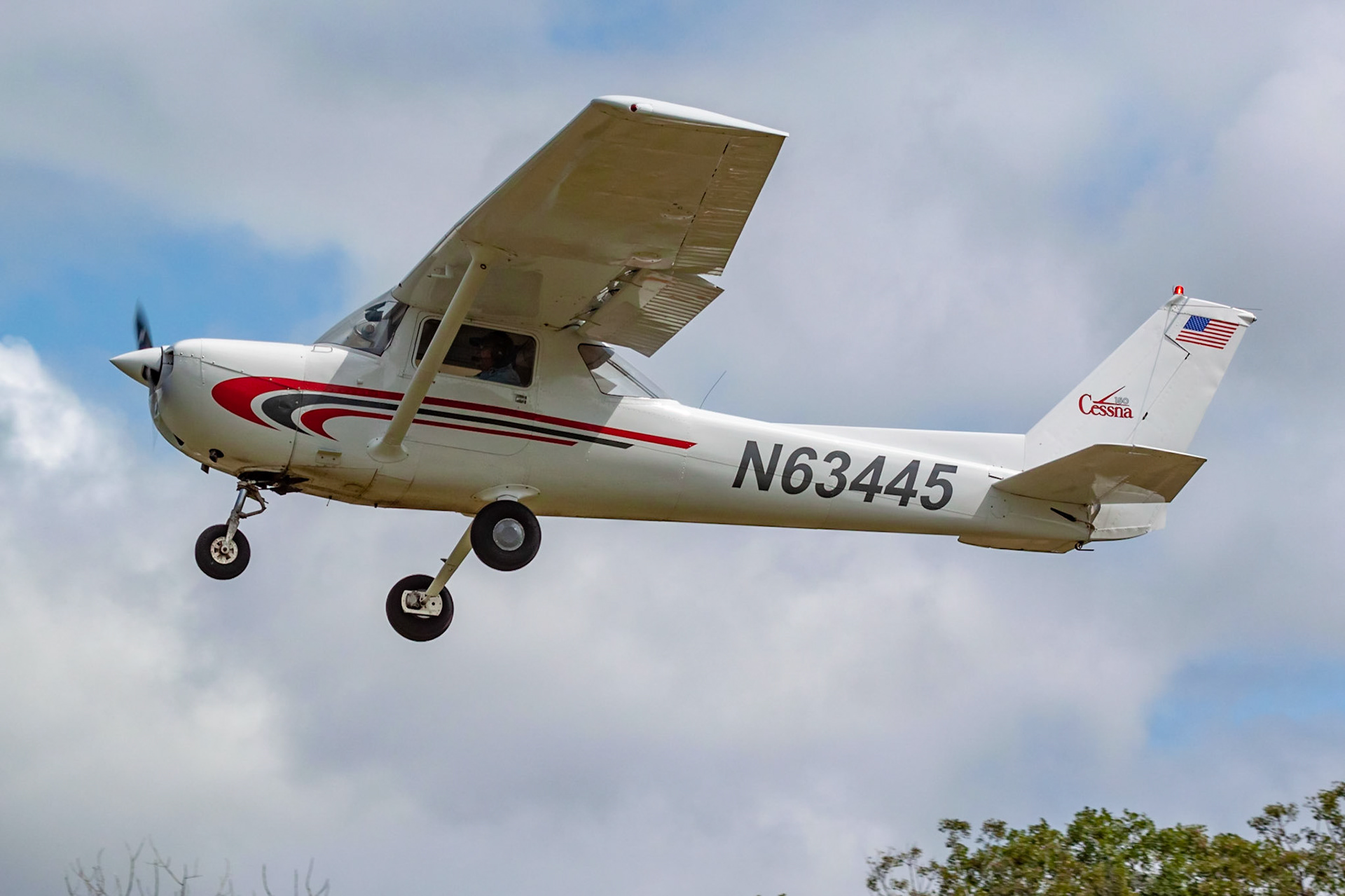 Cessna 150M (N63445, c/n 15077319) at the 33rd annual Bowman Field (B10; Livermore Falls, ME) Fly-in on 2019-08-24.