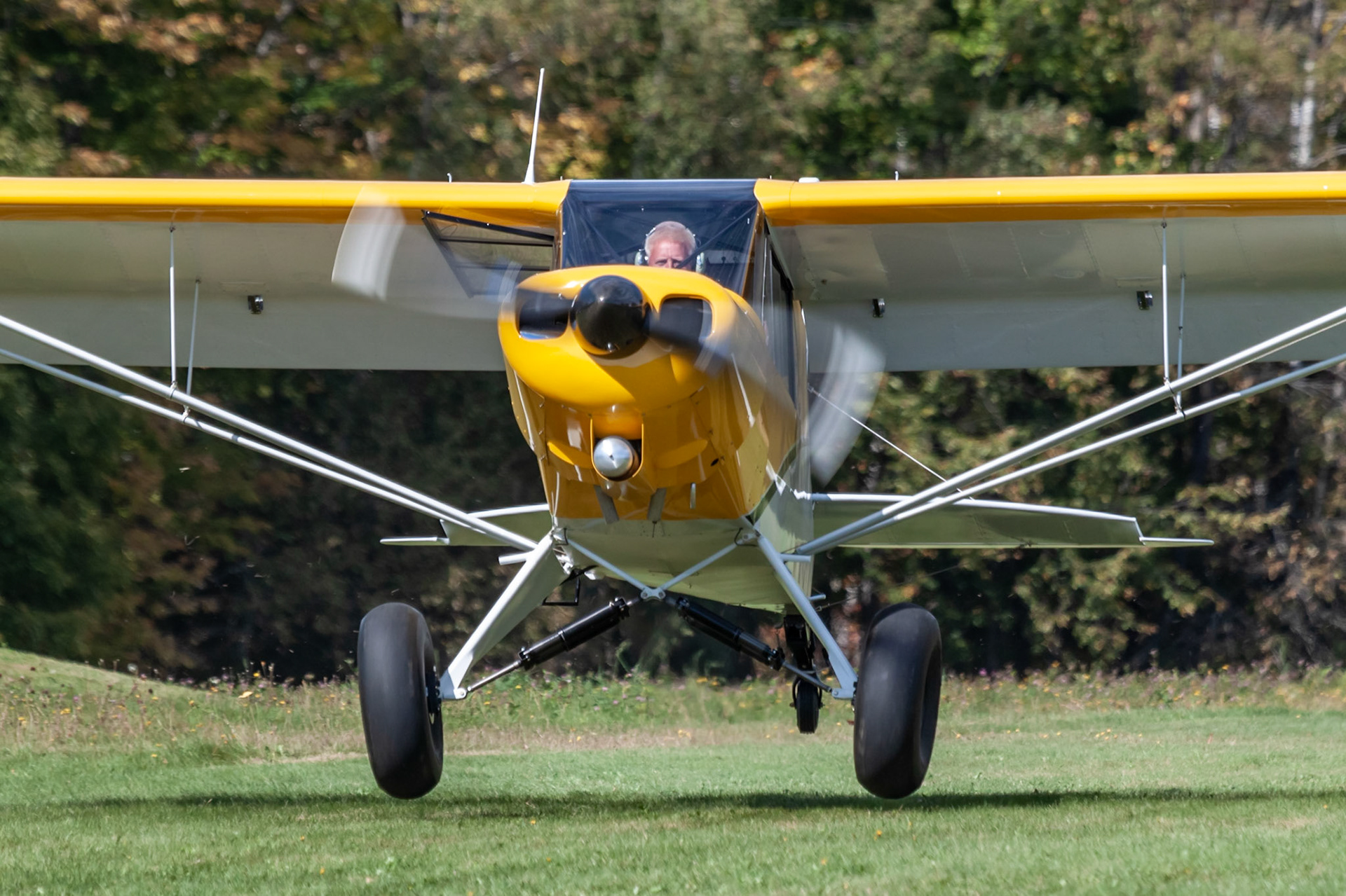 Javron PA-18 Super Cub (N868XW, c/n JA1705108) at the 2019 FALL-ow ME! Fly-in at Thompson Memorial Field (ME62; Pittsfield, ME) on 2019-09-28. The Javron Super Cub is a kit-based reproduction of the original Piper PA-18.