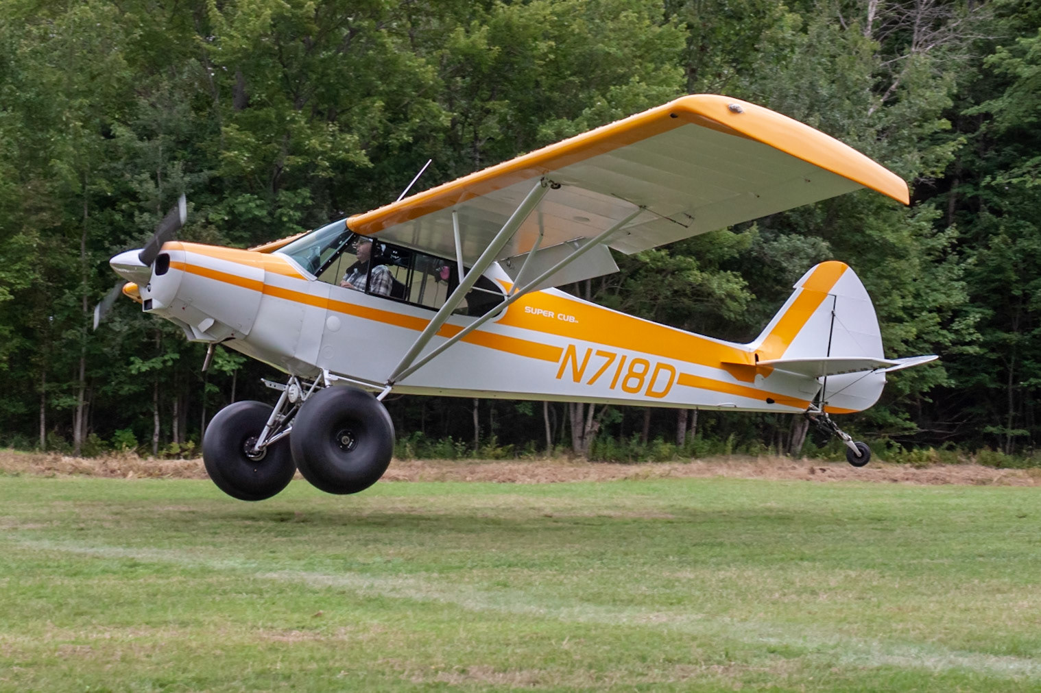 Experimental Super Cub (N718D) at the STOL competition during the 33rd annual Bowman Field (B10; Livermore Falls, ME) Fly-in on 2019-08-24.