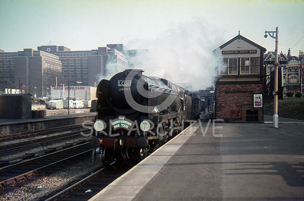 34087 '145 Squadron' on the LCGB The Surrey Downsman' rail tour 5th March 1967 through Kensington Olympia station SRL No 971 