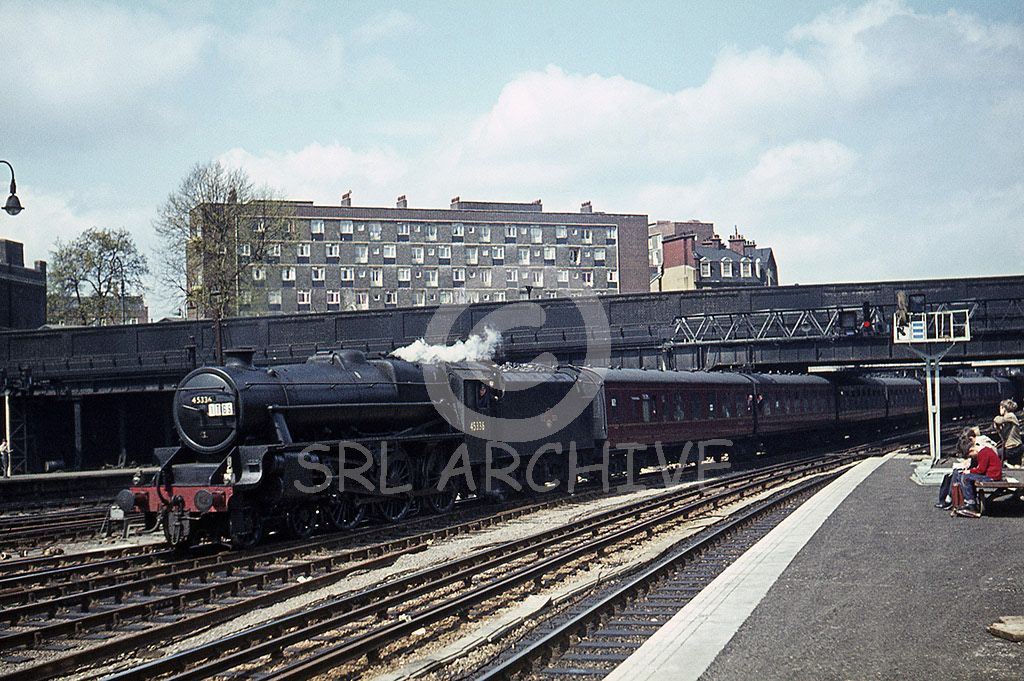 45336 arrives at London Euston station with IT65 the day of the Rugby Challenge Cup Final at Wembley 9th May 1964 SRL No 850 