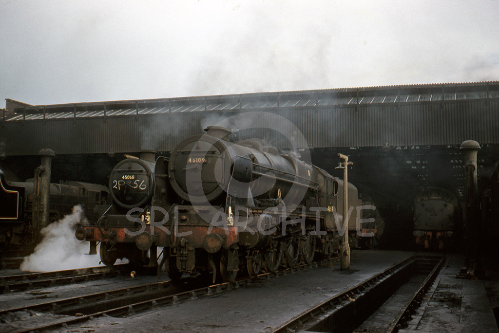 46109 'Royal Engineer' outside the shed building at Blackpool with Class 5, No 45068 8th October 1961 SRL No 384 