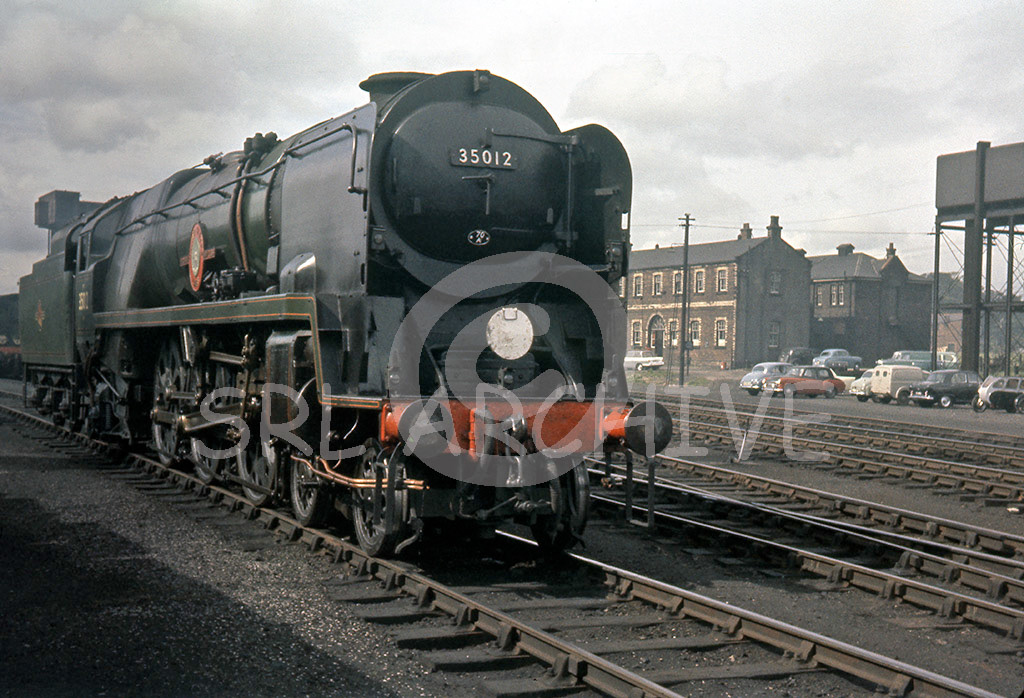 35012 'United States Line' at Carlisle Kingmoor after working the RCTS Solway Ranger rail tour 13th June 1964 SRL No 386 