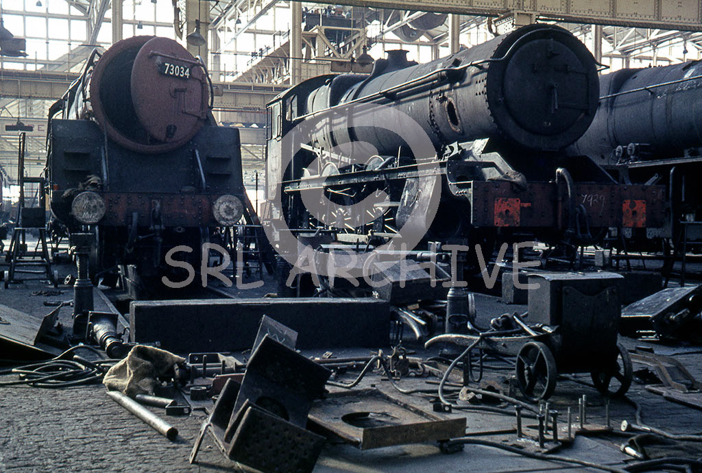 7929 'Wyke Hall' Hawksworth Modified Hall inside Swindon Works along side Standard 4 No 73034 25th October 1964 Alan Chandler MBE/SRL No 495 