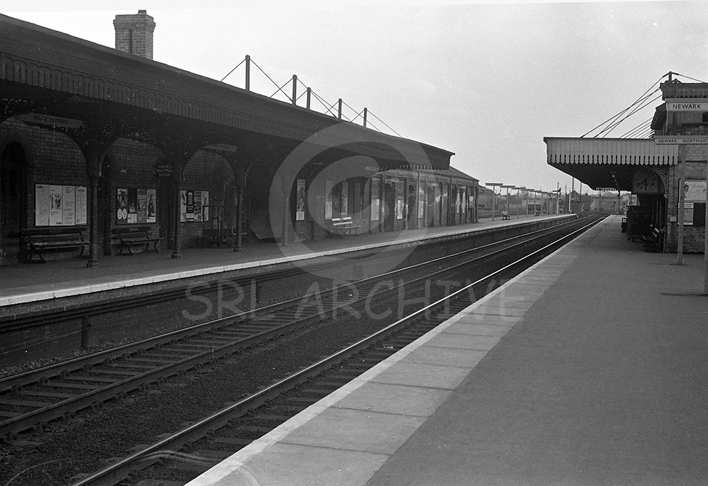 Newark Northgate railway station looking south from platform 1 with the wonderful W.Potts of Leeds station clock showing 5.40pm 1970's SRL No 705 