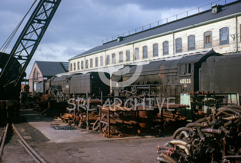 60533 'Happy Knight' outside Doncaster Works with another A2 which looks like 60526 'Sugar Palm'  (Kodachrome card mount dated Oct 1963) but 60526 had gone by April 63 and 60533 not withdrawn until June 1963 SRL No 1046 