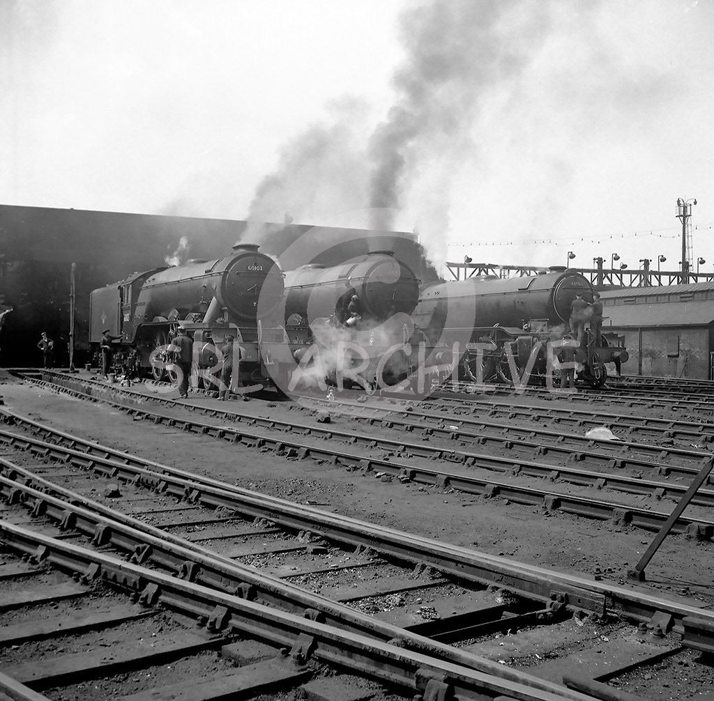 60903 along side A3 60103 'Flying Scotsman' + 60052 'Prince Palatine' outside Top Shed 3rd May 1960 SRL No 447 
