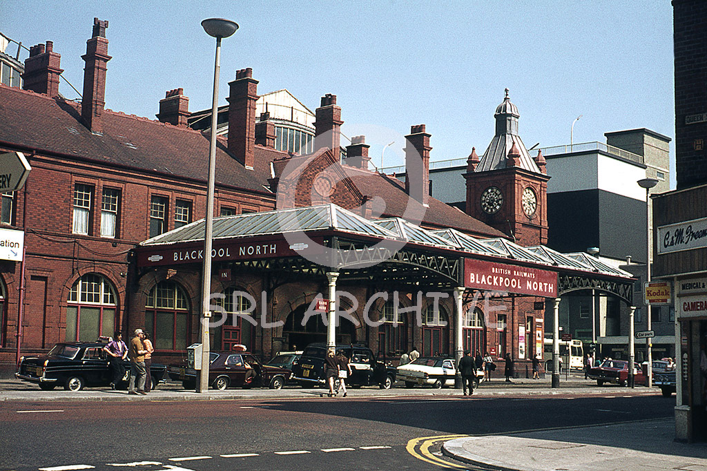 Blackpool North railway station front entrance in 1968.  SRL No 823 