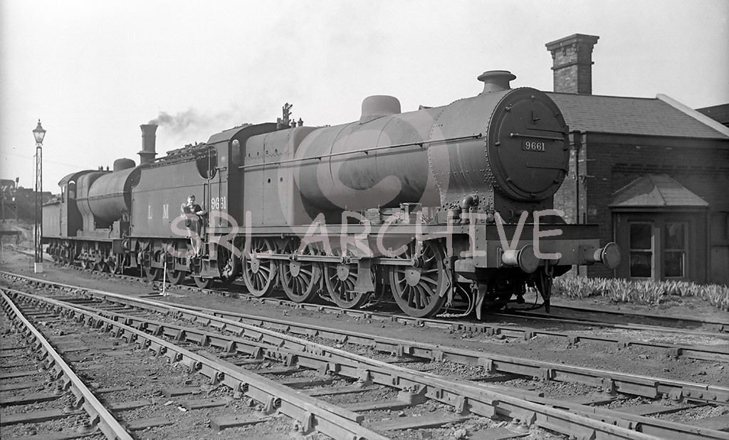 Fowler LMS 7F Class No 9661 on shed at Mirfield. Allocated to 25D in January 1948 so this might date the shot and the stay was only for two years transferring to 26A Newton Heath in October 1950. Withdrawn  from 25E Sowerby Bridge at the beginning of 1952 SRL No 207 
