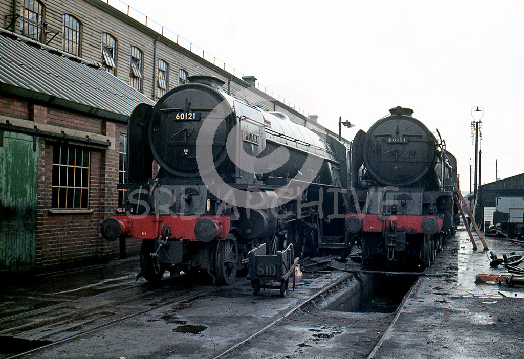 60121 'Silurian' + 60151 'Heart of Midlothian' outside the Crimpsall Workshop at Doncaster Works 1962-3 SRL No 62 