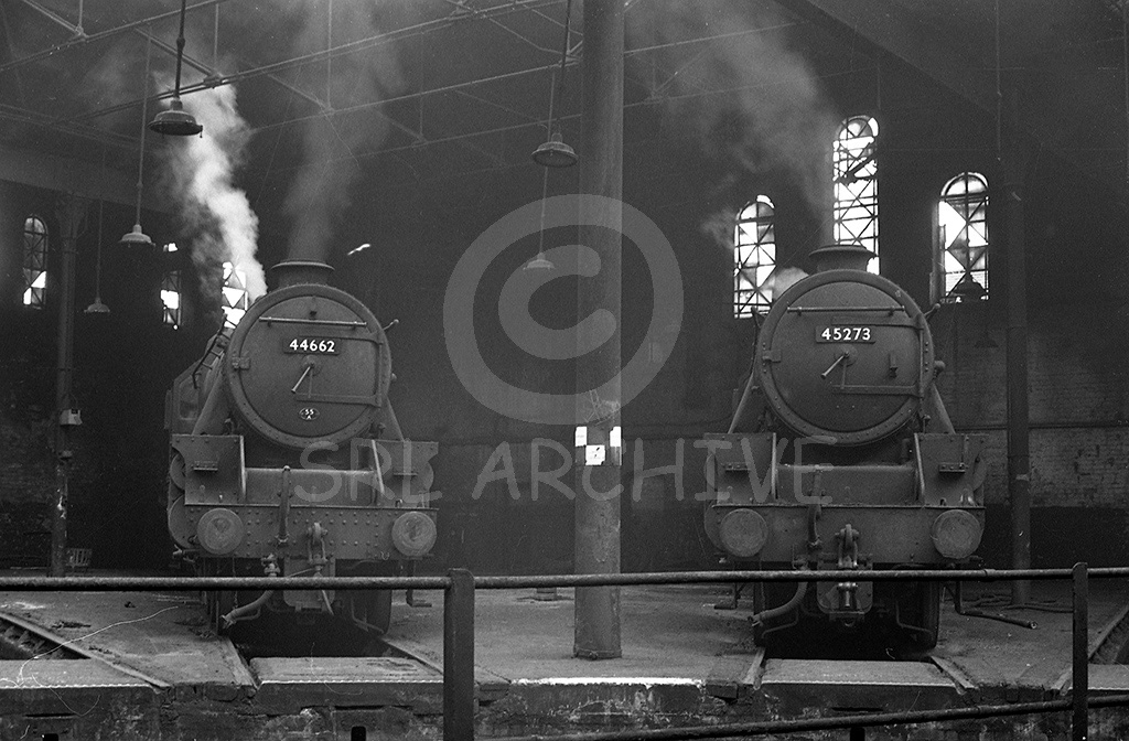 44662,45273 inside Leeds Holbeck roundhouse in 1967 SRL No 709 