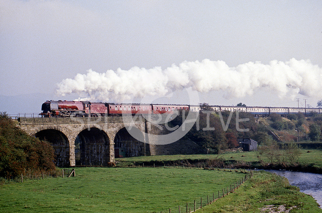 46229 Duchess of Hamilton at Bank Newton near Gargrave crossing the River Aire northbound CME 19th October 1985 Geoffrey Edward/ SRL No 478 