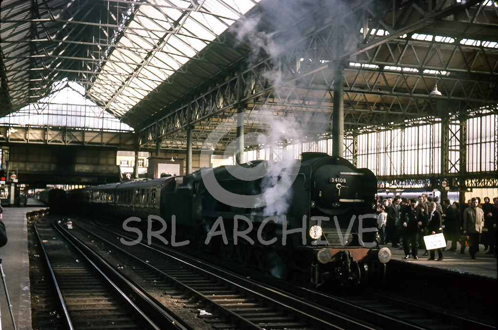 34108 'Wincanton' at London Victoria station with the Southern Counties Touring Society Southern Rambler rail tour 19th march 1967 SRL No 1073 