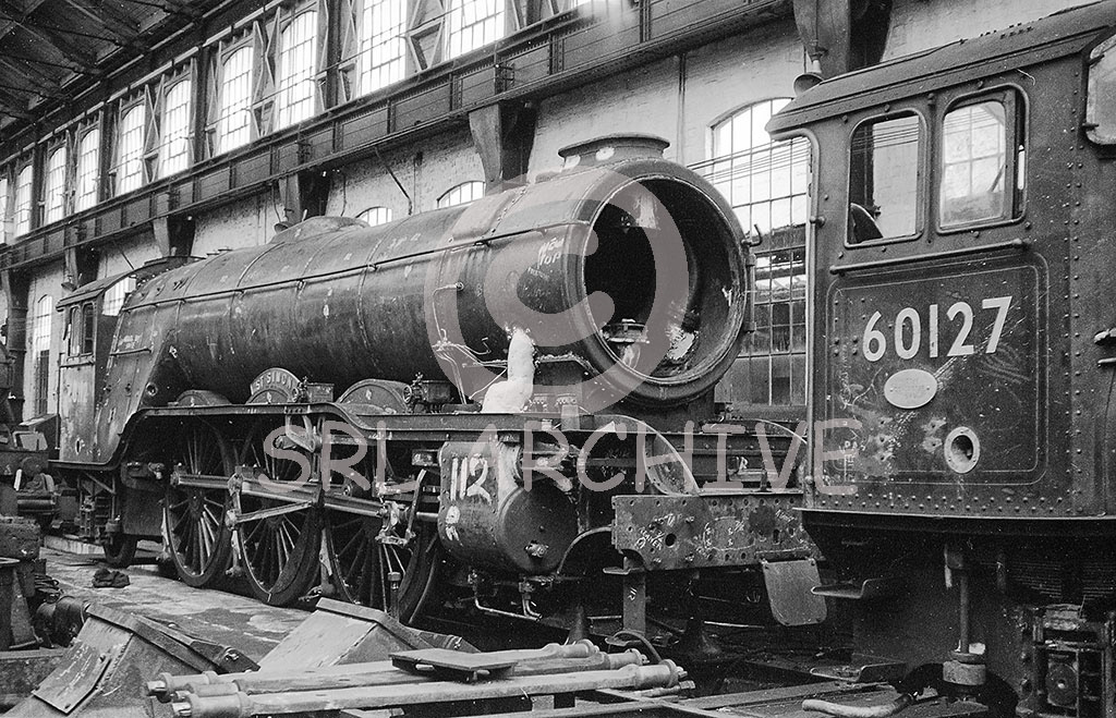 60112 'St Simon' inside the erecting shop at Doncaster Works with Peppercorn A1 No 60127 'Wilson Worsdell' 15th June 1958 SRL No 729 