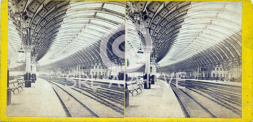 Early stereocard of York station in 1884 then just seven years old having been built by the NER in 1877  designed by Thomas Prosser & William Peachey. This view looking north from platform 5 with 6 on the left and 3 on the opposite side with the station clock showing 10.55. One person can be seen on platform 3 but apart from that one man the station is deserted. SRL No 319 