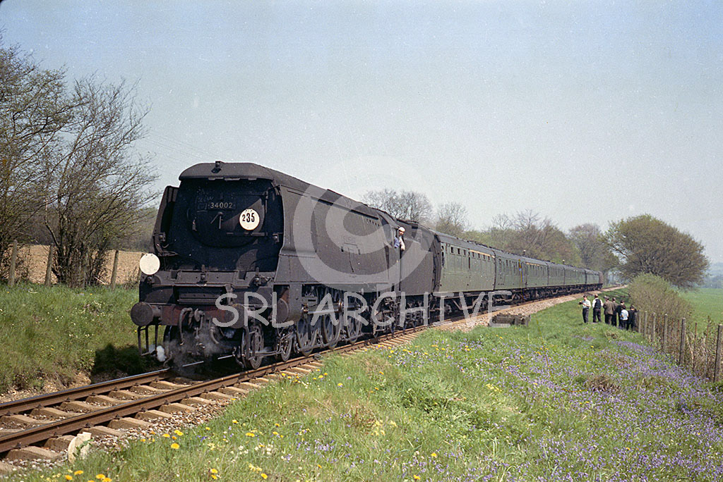 34002 'Salisbury' working the diverted 11.30 Waterloo-Weymouth location is on the Alston-Medstead-Four Marks-Alresford line 1st May 1966 SRL No 955 