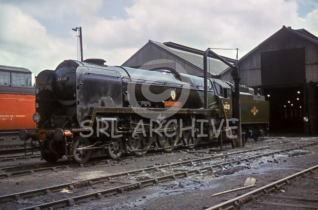 34021 'Dartmoor' on shed at Eastleigh in superb external condition no date SRL No 1095 