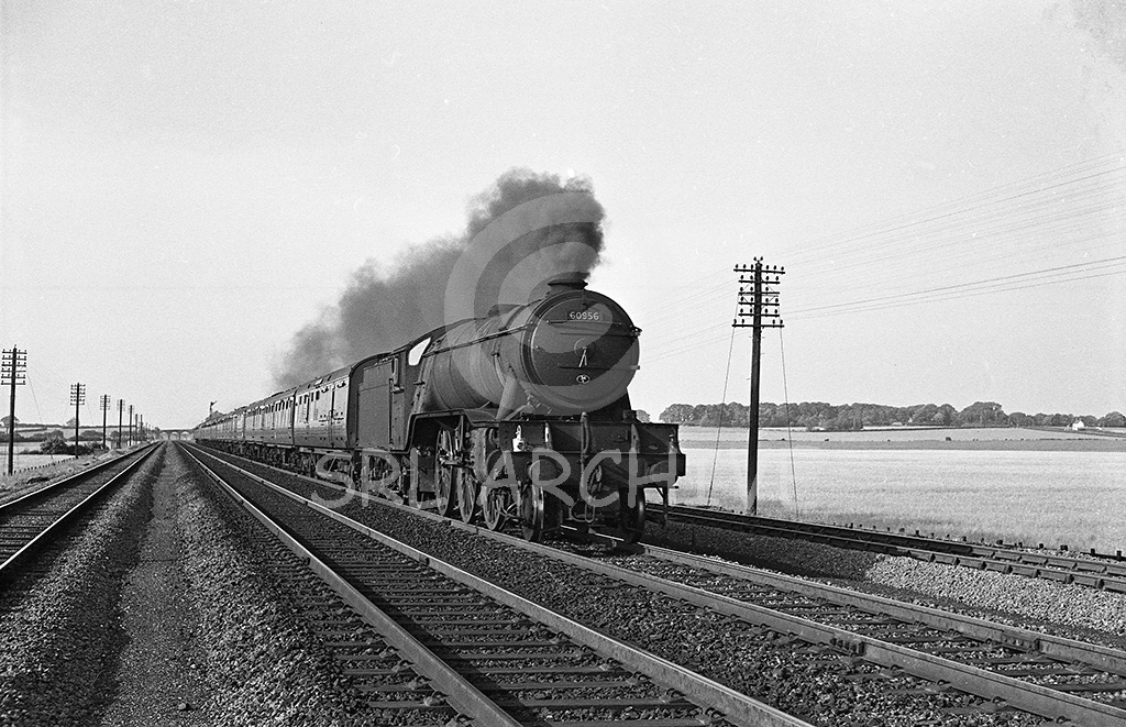 60956 with an up express near Offord passing Offord Hill Farm on the far right 1960-62 withdrawn September 1962 from 34E New England shed SRL No 766