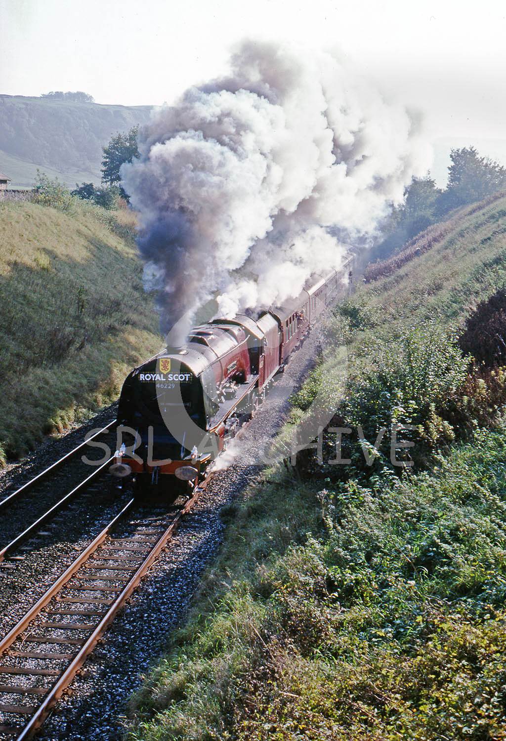 46229 Duchess of Hamilton northbound CME at Langcliffe 19th October 1985 Geoffrey Edwards SRL No 479