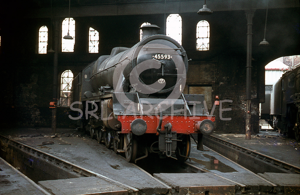 45593 Kolhapur inside the wonderful roundhouse at Leeds Holbeck in 1966 SRL No 296