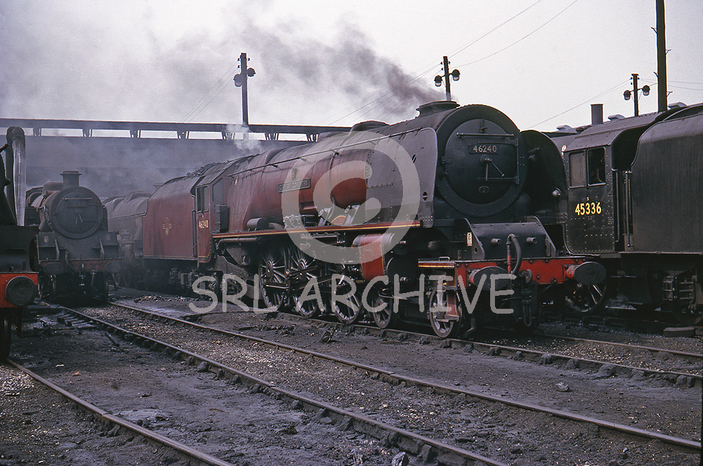 46240 City of Coventry on shed at Glasgow Polmadie in May 1964 along side Stanier Class 5 No 45336 and Riddles Standard Class 4 Tank no 80110 SRL No 818 