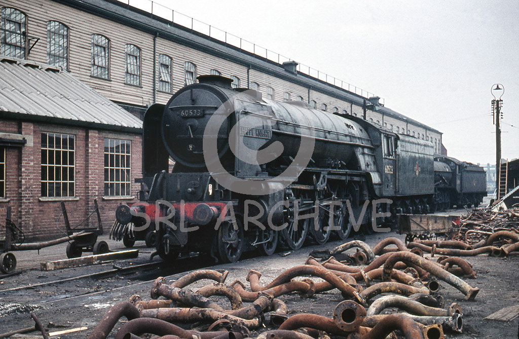 60533 'Happy Knight' outside the Crimpsall workshop at Doncaster Works during a visit for a General June-August 1962 SRL No 733 
