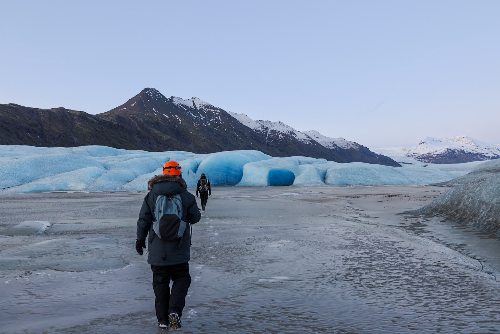 Hiking on Frozen Heinaberg Glacial Lagoon