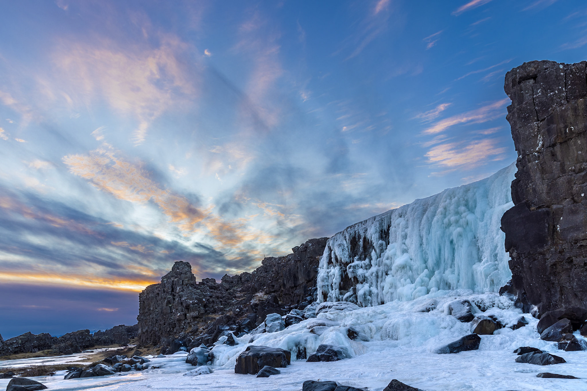Frozen Oxararfoss Waterfall 