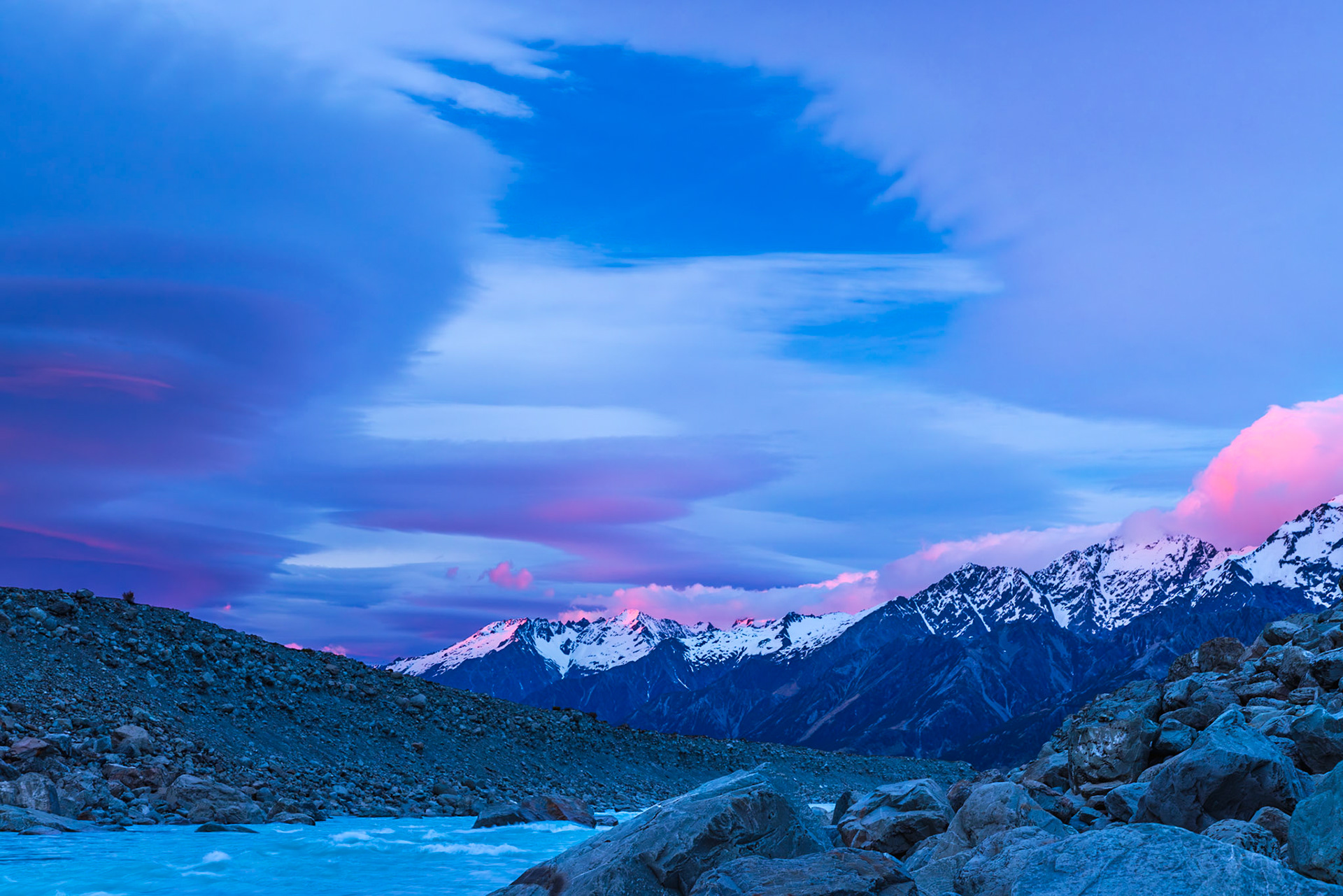 Tasman Lake Sunrise Pink Clouds
