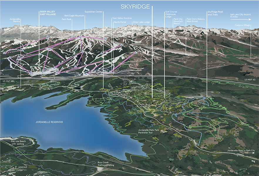 Created a custom real estate development community map in 3d perspective in Adobe Illustrator to be able to scale at larger sizes. Color coded locations of homes, resorts, hiking trails, ski routes and lifts, homes, roads ad local attractions. The map was made in three-quarter view, perspective accurate 3d-style to be able to feature all elements in the attraction map. Client: Heather Brown, Brown Marketing obo SkyRidge Park City