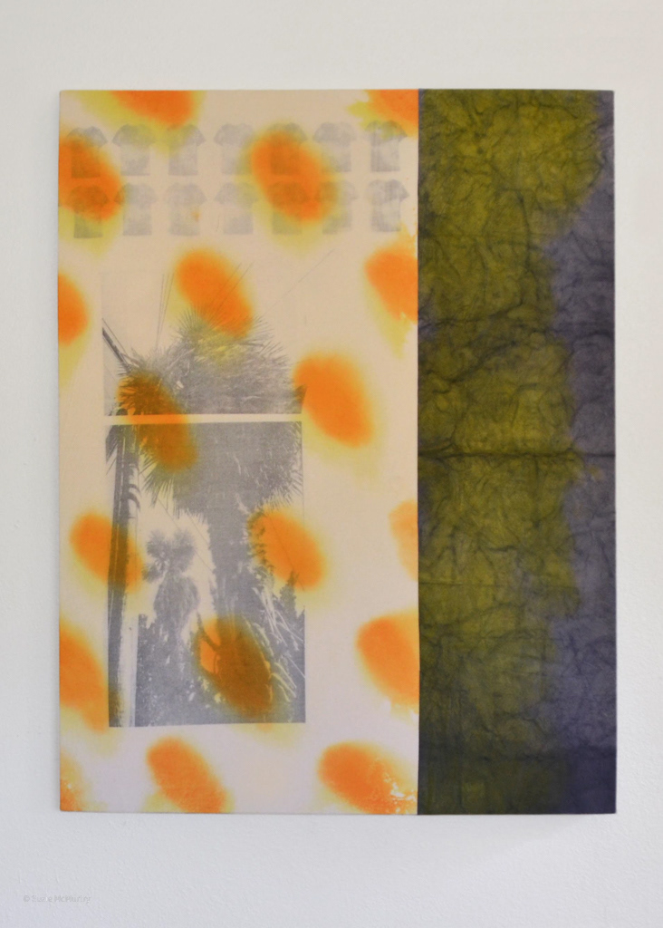 Orange Palm Hearts. photographic transfer & dye on canvas 36” x 48” 2020