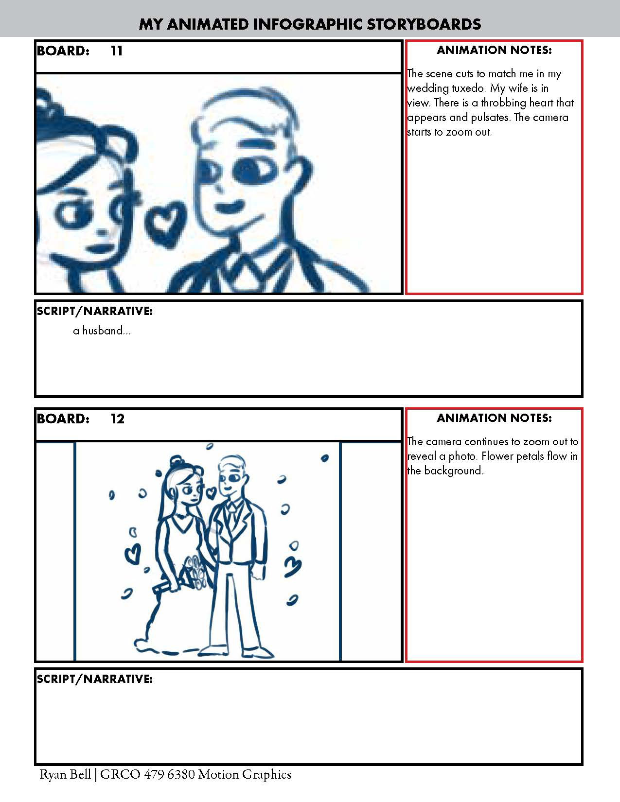 Story Board Example: This story board was developed as part of a motion graphics final project. The motion graphic for these boards can be viewed under the Motion Graphics section of my portfolio. All rough boards were drawn in Adobe Photoshop, and the layout was done in Adobe InDesign.