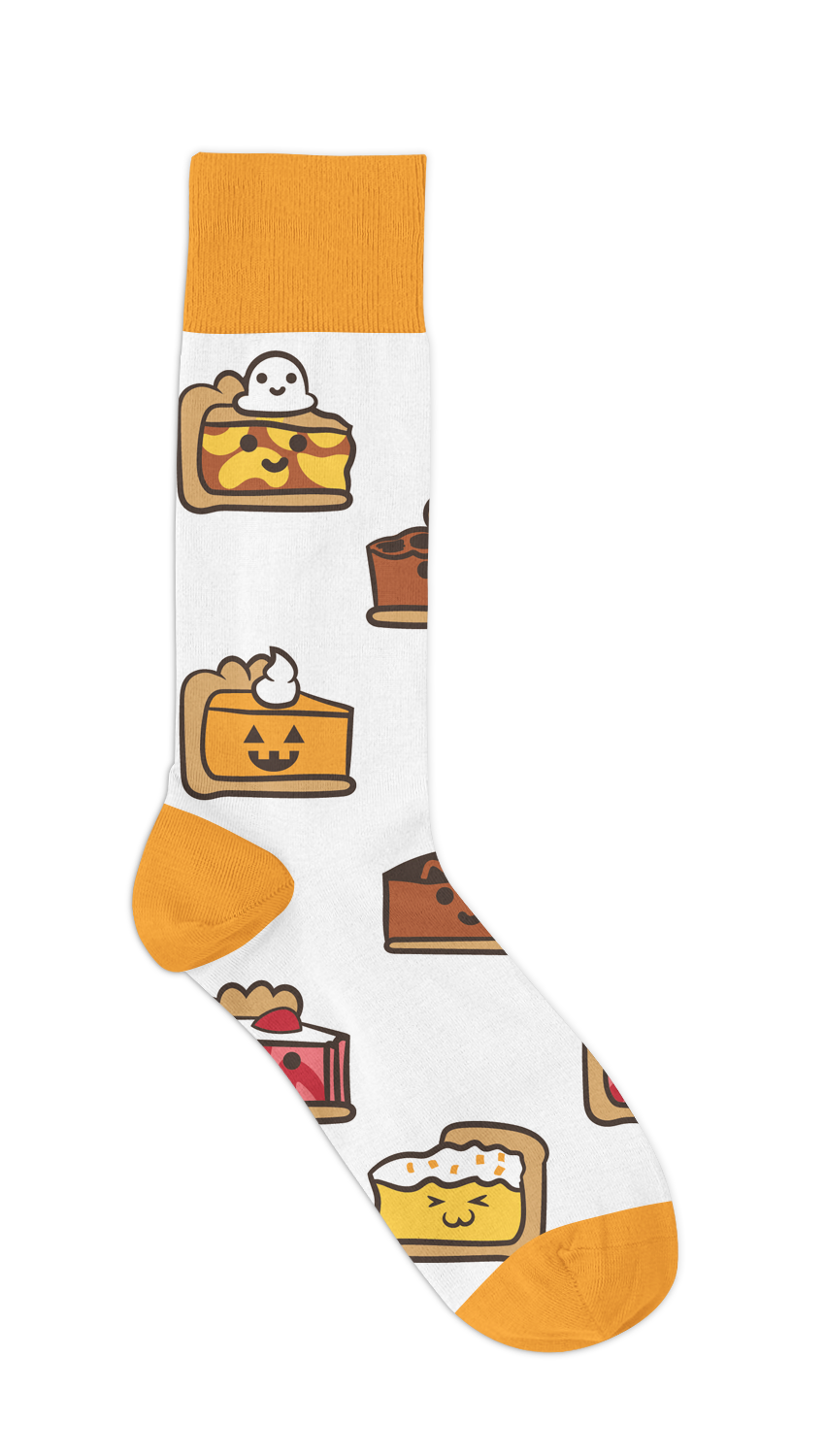 Product Concept Example: This design is for a Thanksgiving themed sock and it features different types of pie in a Kawaii art style. The design was created in Adobe Illustrator and mocked up in Adobe Photoshop.
