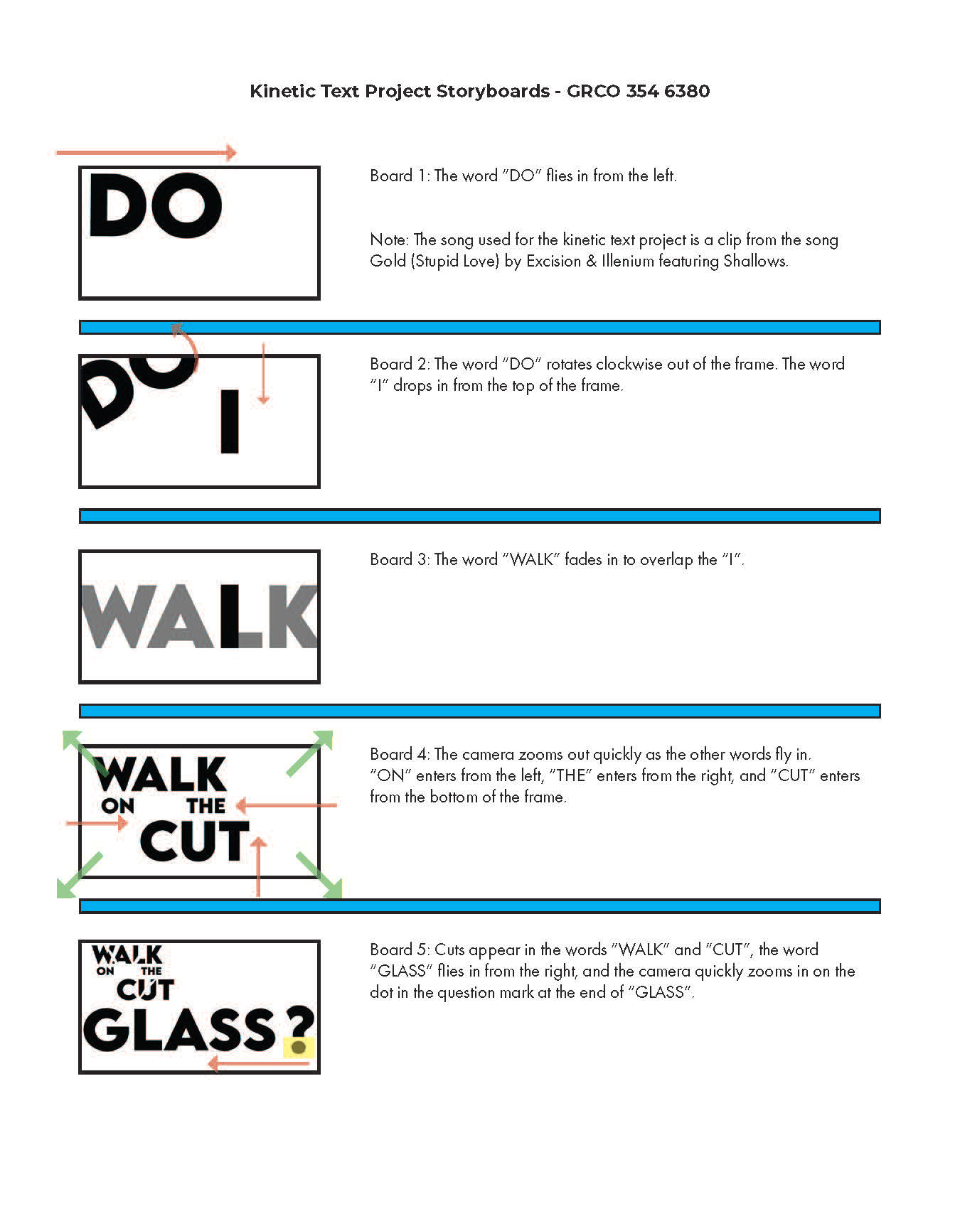 Story Board Example: This story board was developed in support of a Kinetic Text Project. All boards were drawn in Adobe Illustrator, and the layout was done in Adobe InDesign.