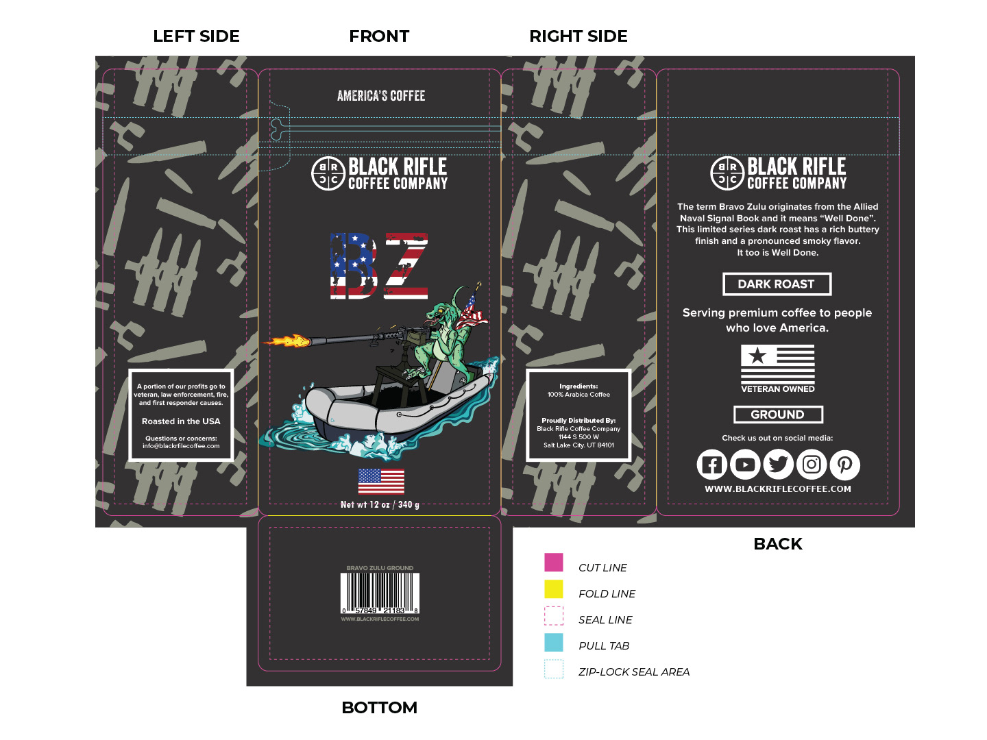 Product Packaging Concept: *This work is an example only. I have never worked, nor do I currently work, for Black Rifle Coffee Company. The packaging concept was developed using Adobe Illustrator as part of student coursework in graphic design*.