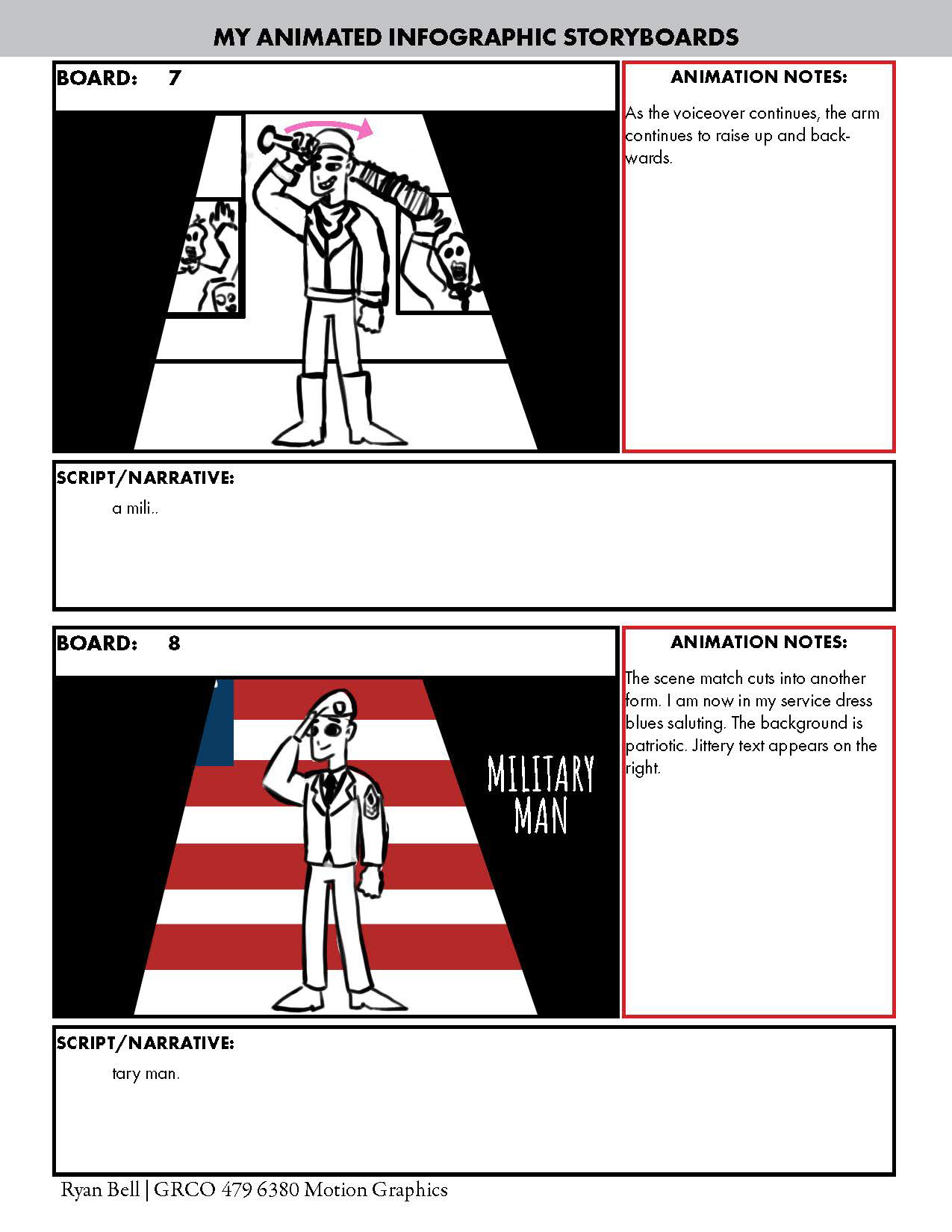 Story Board Example: This story board was developed as part of a motion graphics final project. The motion graphic for these boards can be viewed under the Motion Graphics section of my portfolio. All rough boards were drawn in Adobe Photoshop, and the layout was done in Adobe InDesign.