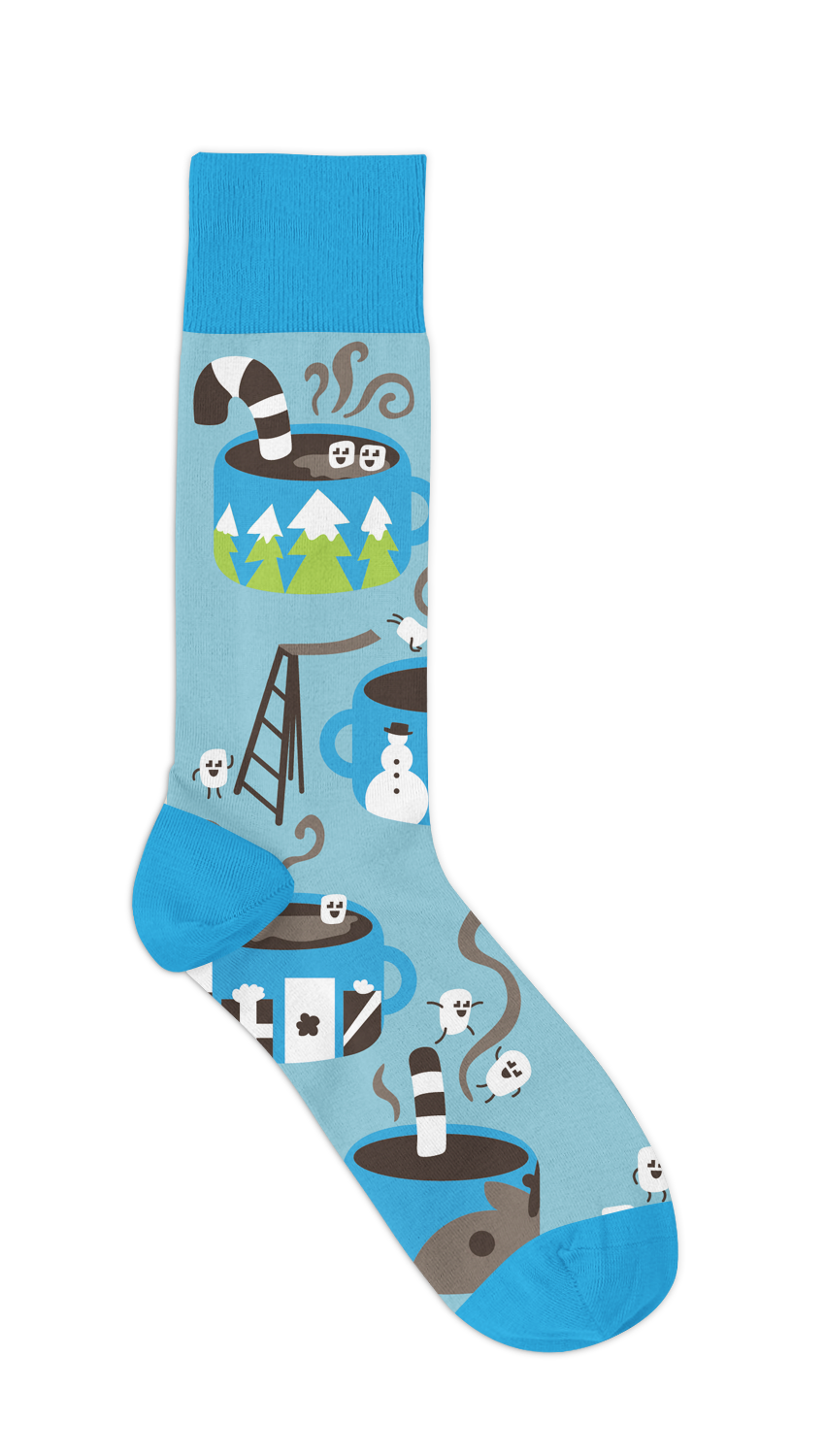 Product Concept Example: This design is for a Christmas themed sock and it features marshmallows using hot cocoa like a hot tub/water park. The design was created in Adobe Illustrator and mocked up in Adobe Photoshop.