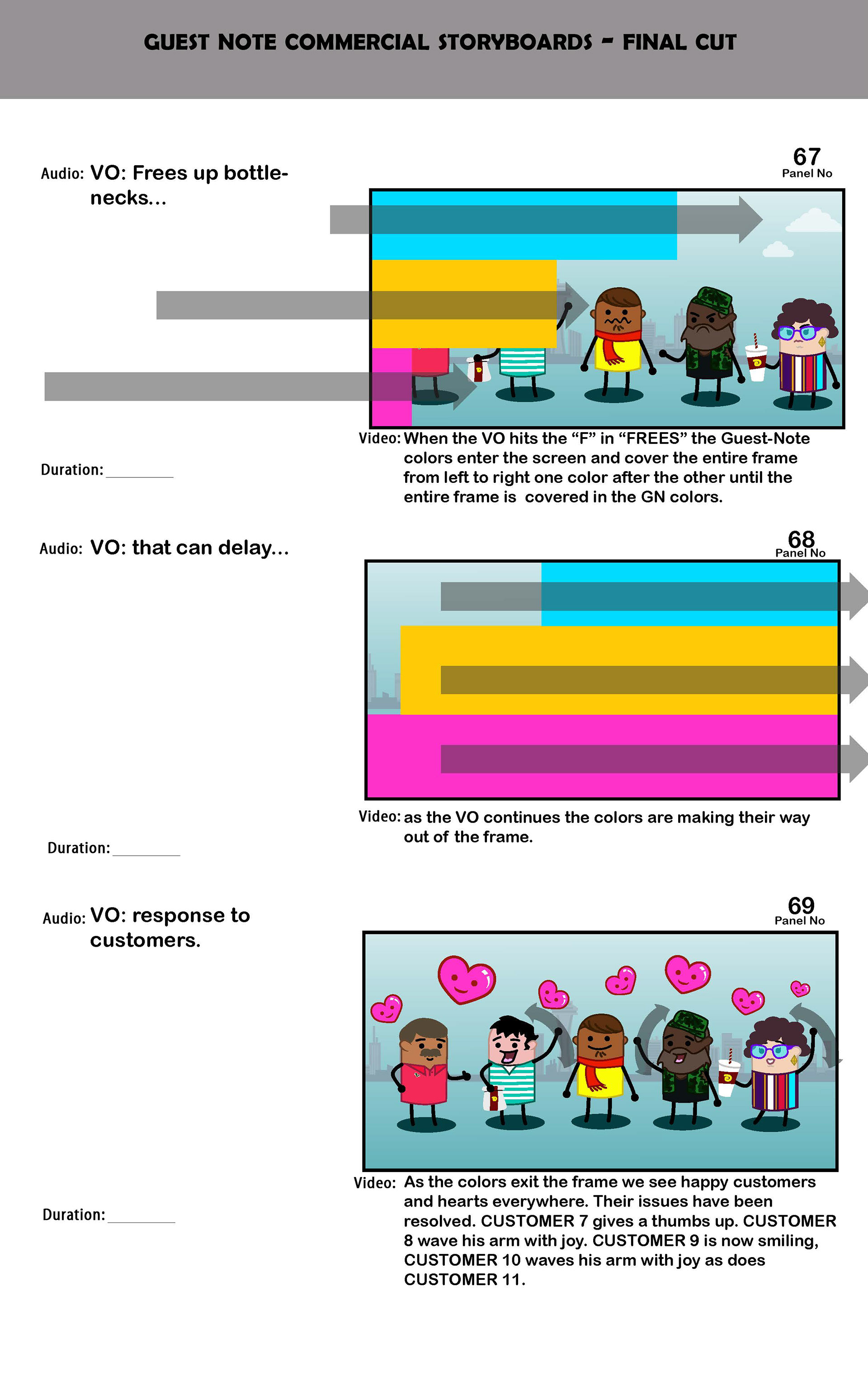 Story Board Example: This story board was developed for Sinclair Customer metrics to promote their CRM software Guest Note. All rough boards were drawn in Adobe Photoshop, and the refined boards were created in Adobe Illustrator.