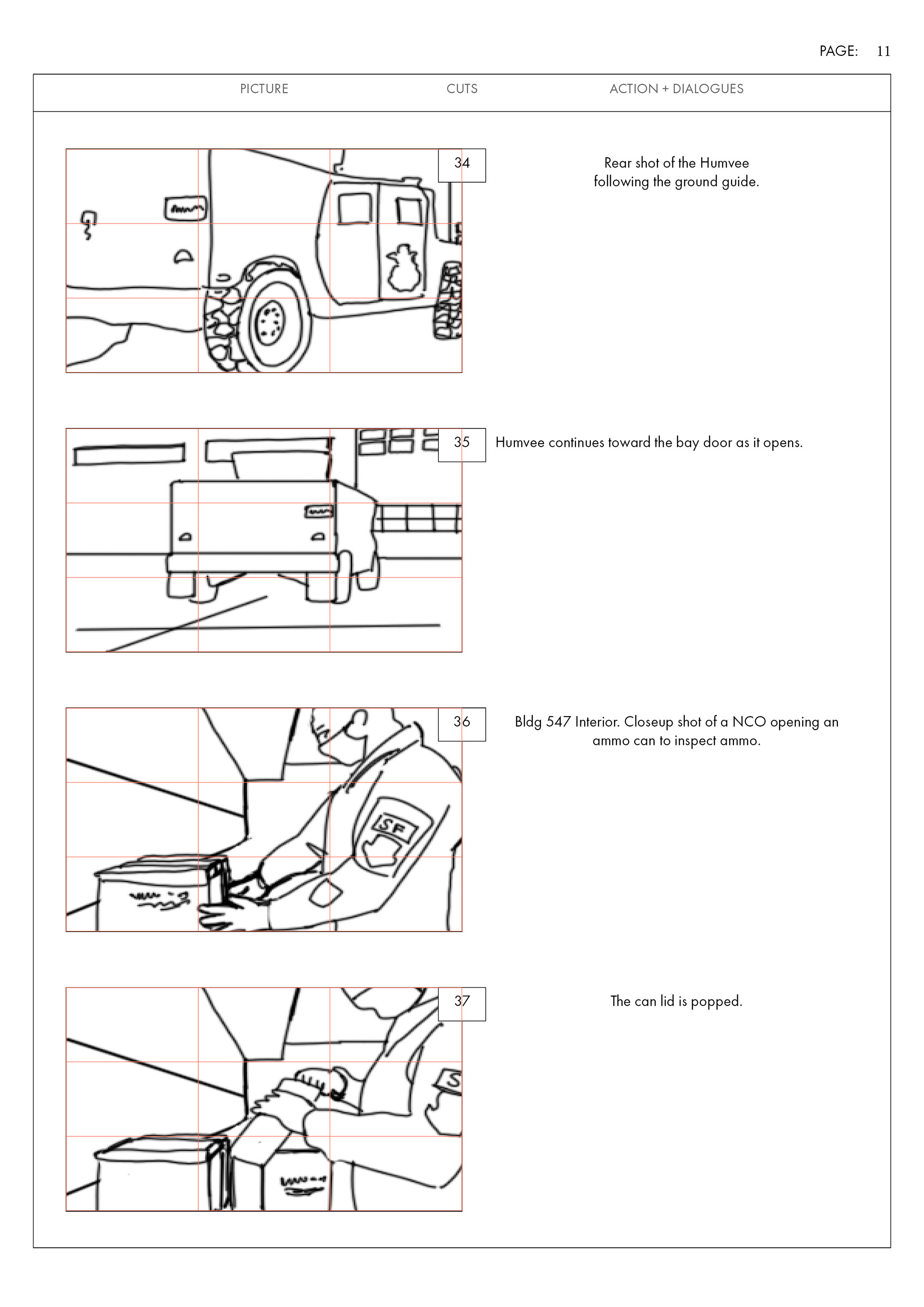 Story Board Example: This story board was developed in support of a video production of the Security Forces mission at Minot Air Force Base, ND. All boards were drawn in Adobe Photoshop, and the layout was done in Adobe InDesign.