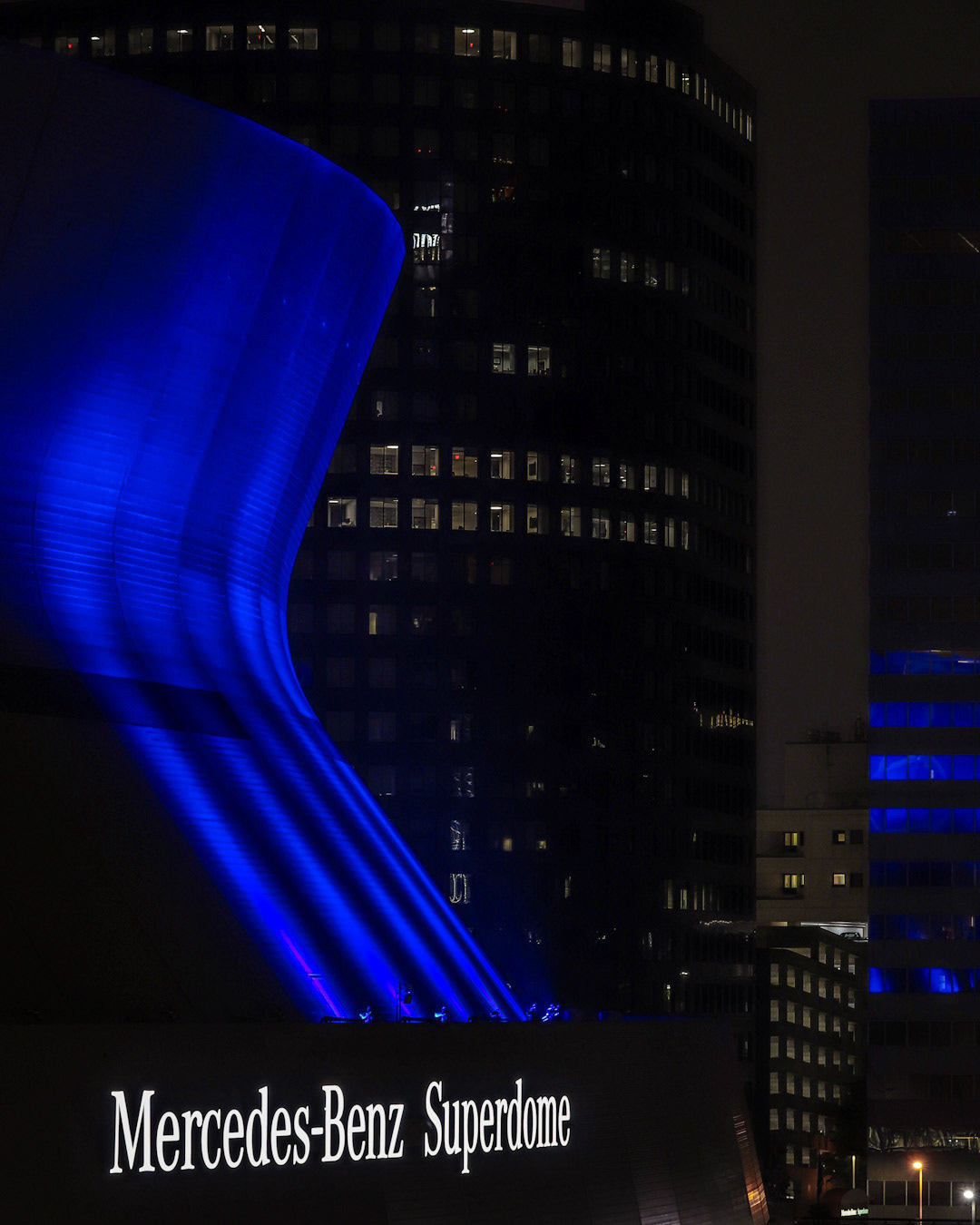 The Superdome lit blue as part of the “Light it Blue” campaign to honor front line workers during the COVID-19 pandemic.