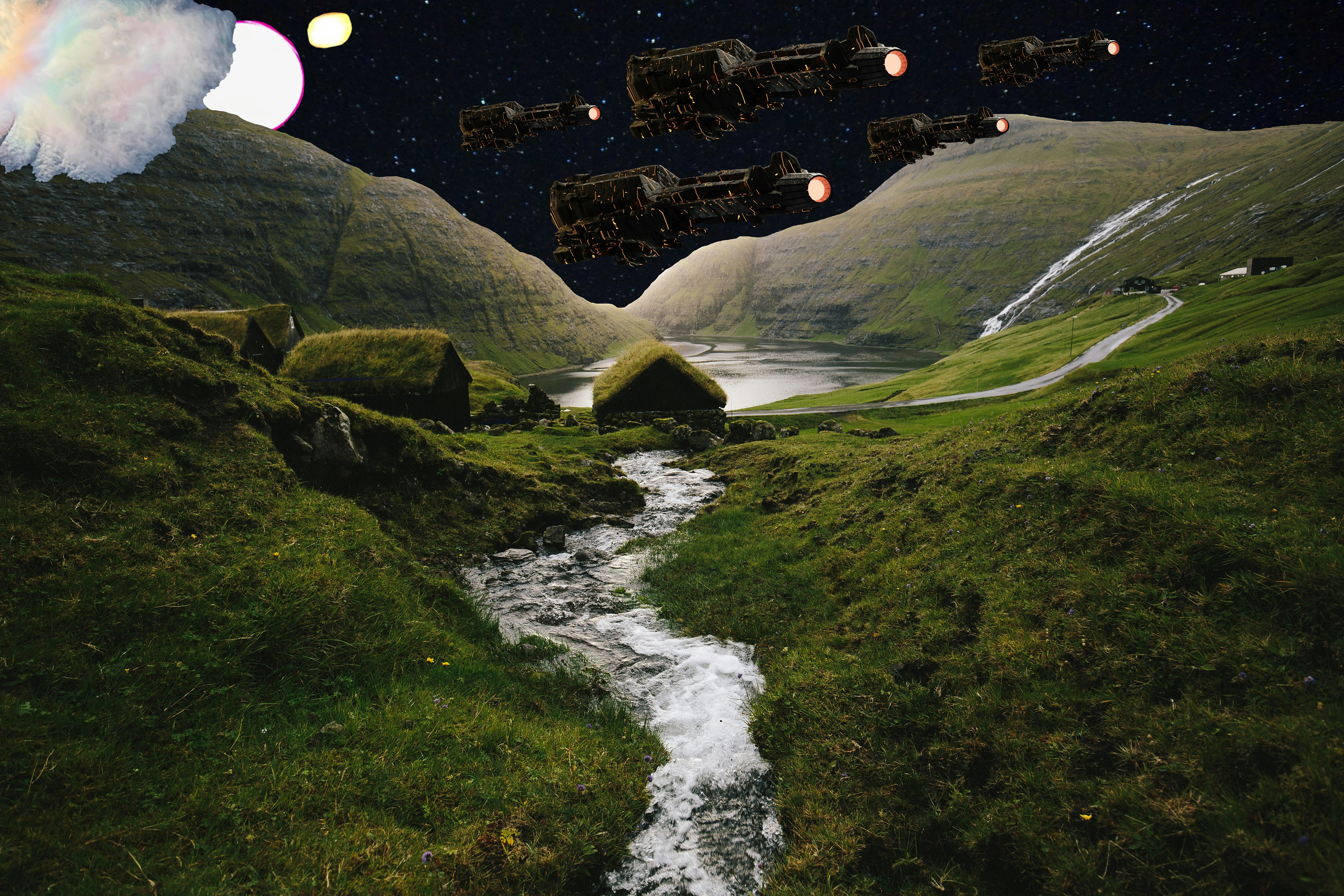 Green rolling hills with houses and a stream. In the sky a single cloud is seen in front of two suns, one pink and one yellow. There are five starships descending onto the planet with the starry night in the background. 