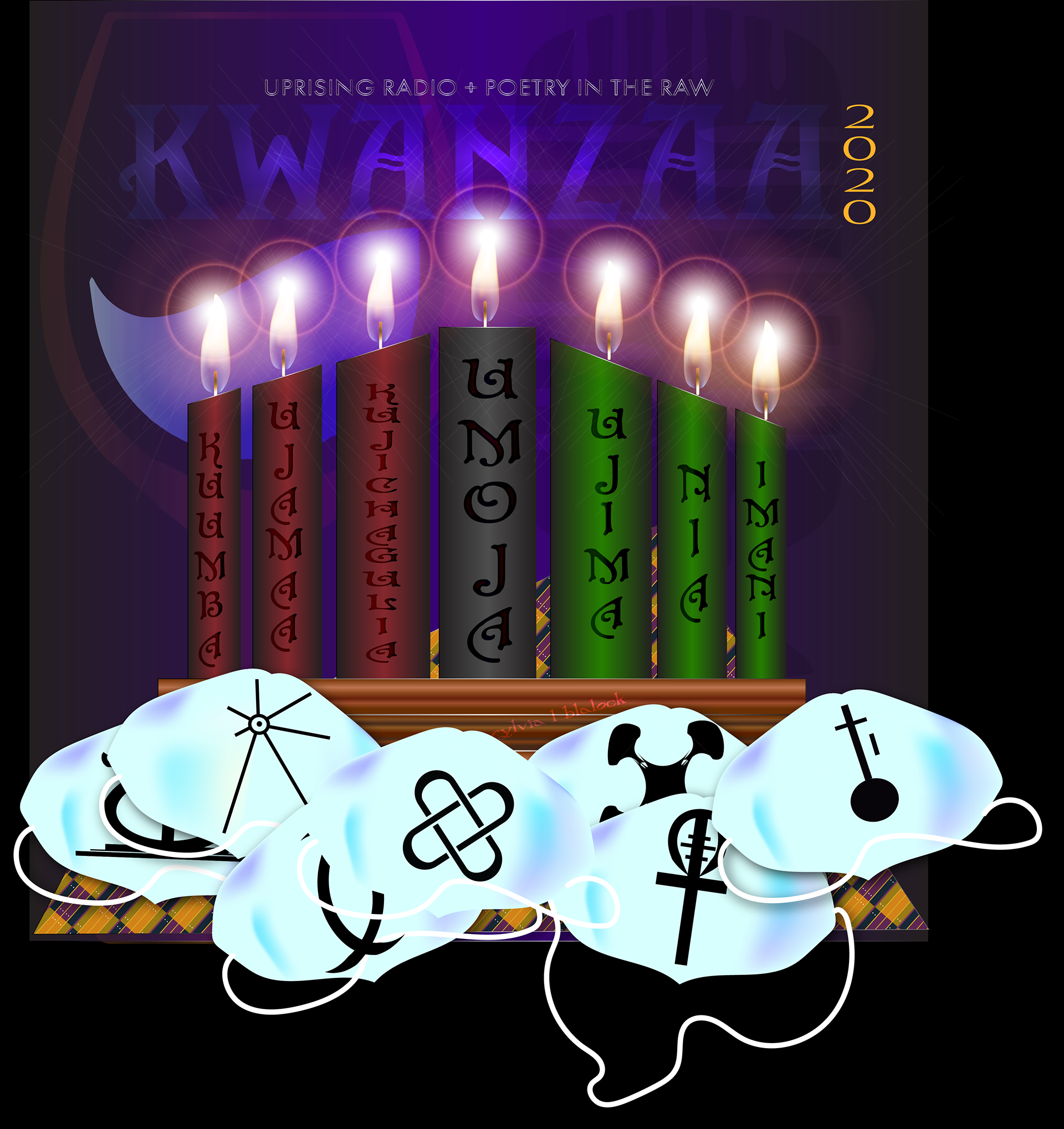 Kwanzaa representation with 7 masks with Kwanzaa symbols on them