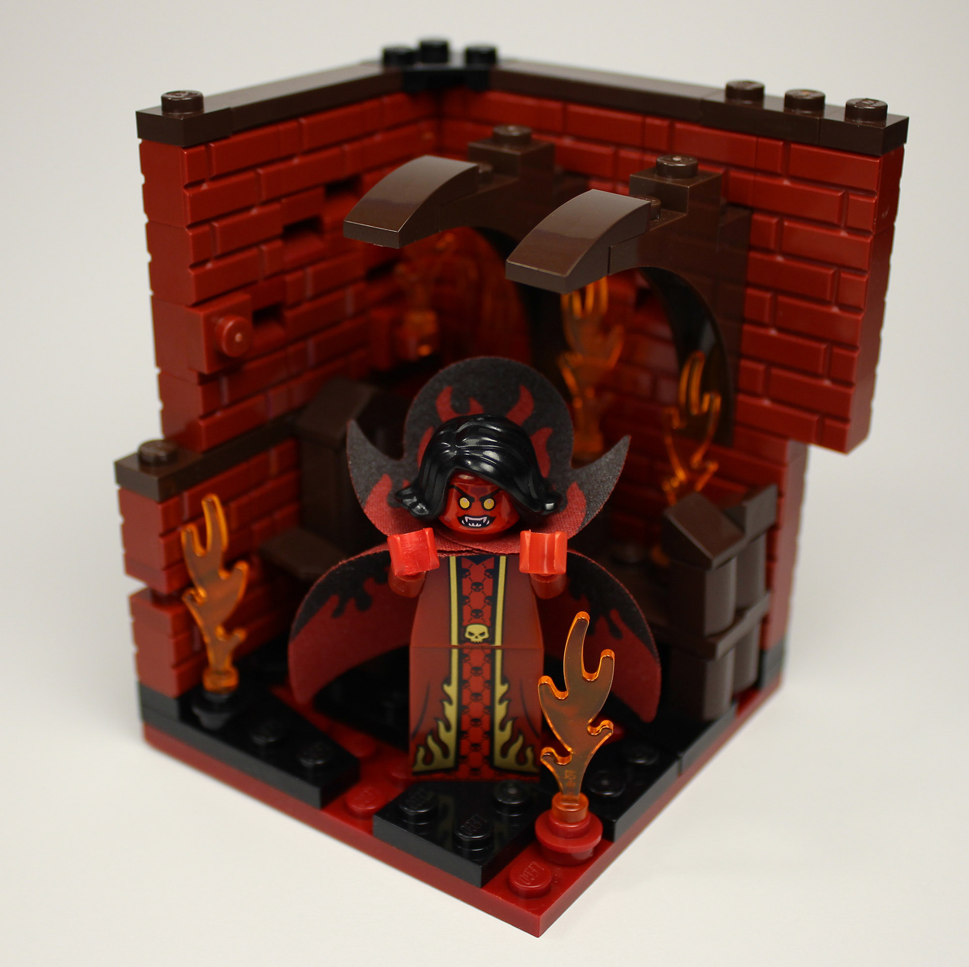 Buttercup, the Tiefling Sorcerer, in a freshly torched cabin.