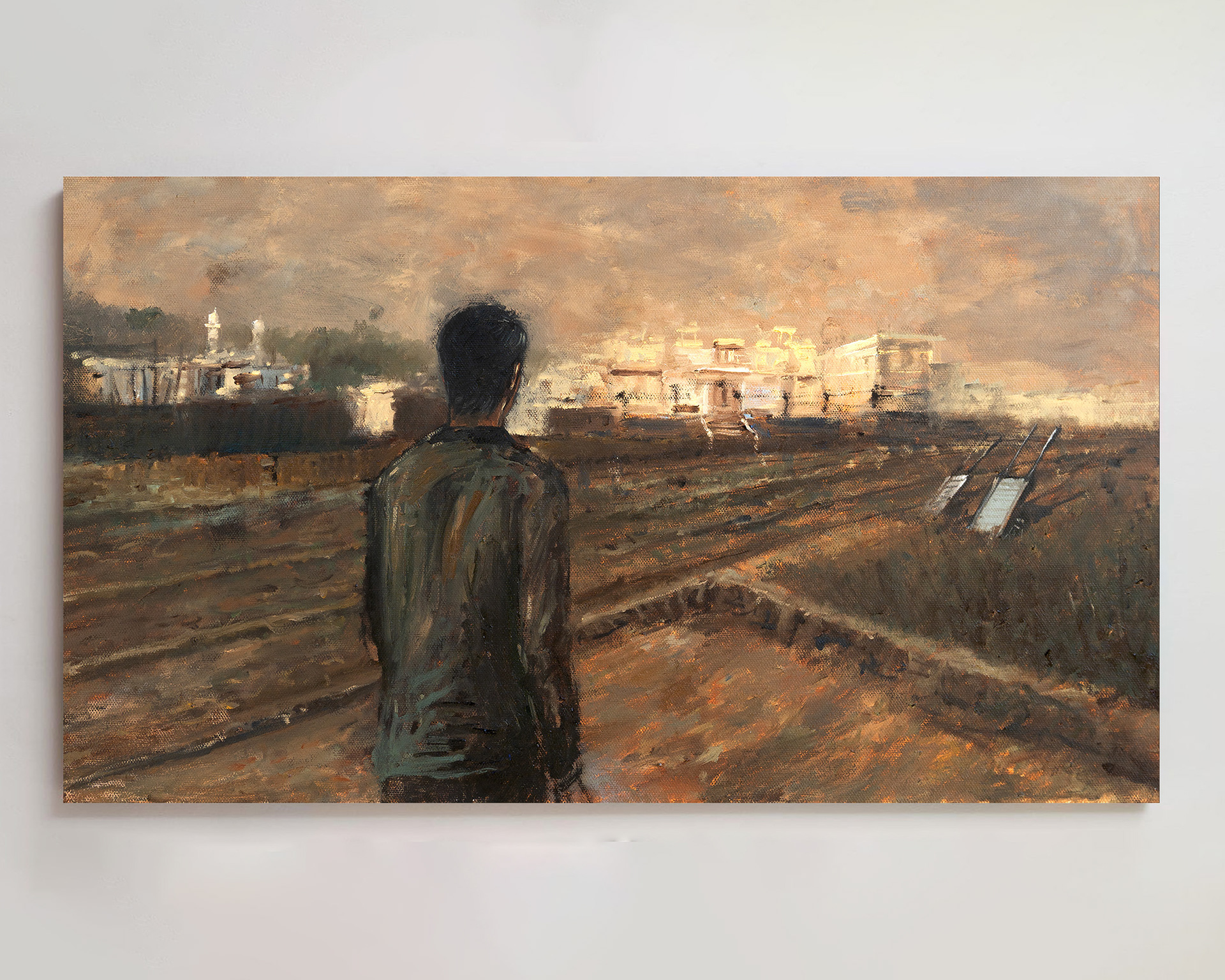 South Asian/ Pakistani lone figure walking in the fields of lahore - art by Zaam Arif - Artwork as seen in The New Yorker magazine - Muscles by Daniyal Mueenuddin