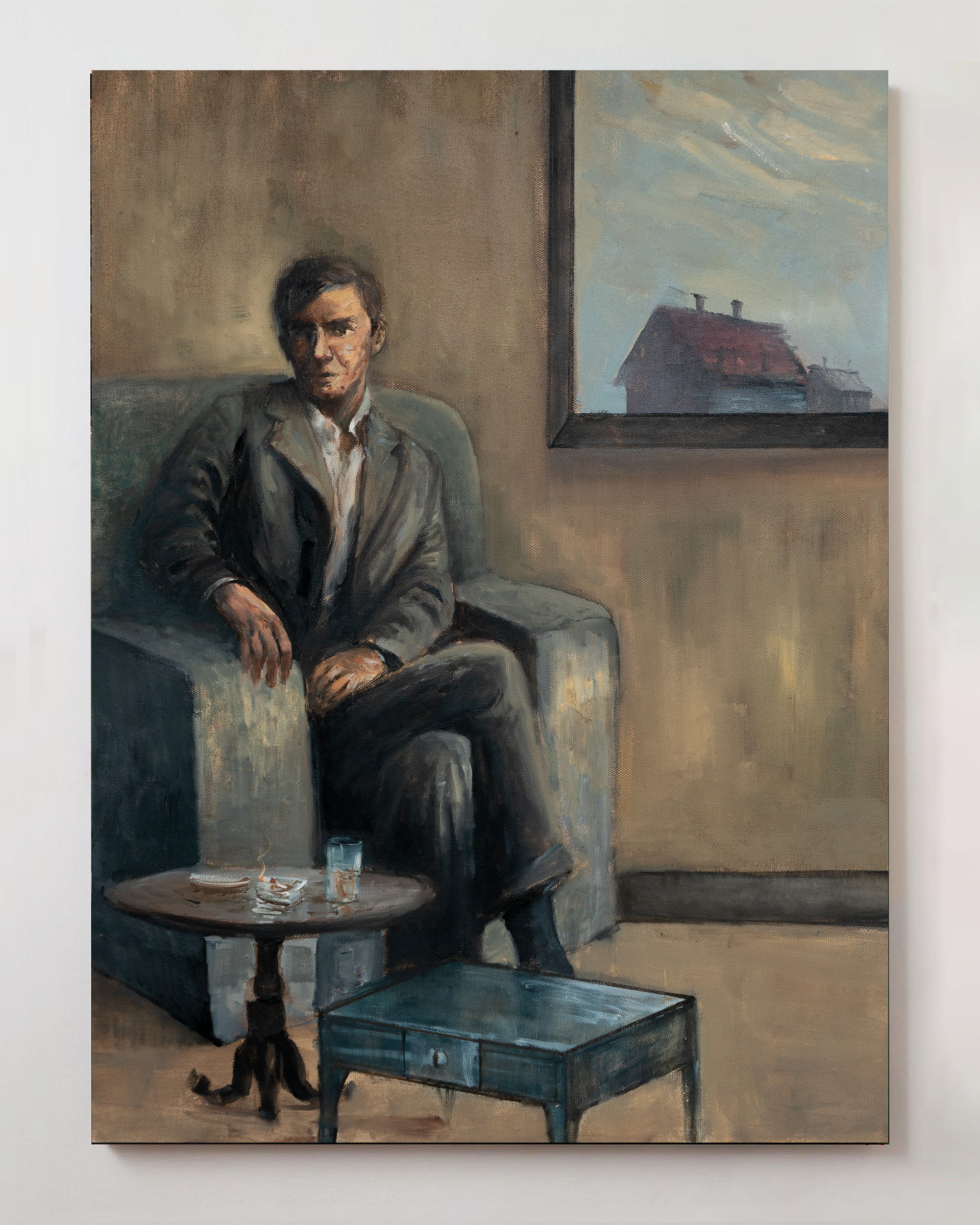 Man sitting on chair with house in the back - Painting by south asian contemporary artist Zaam Arif