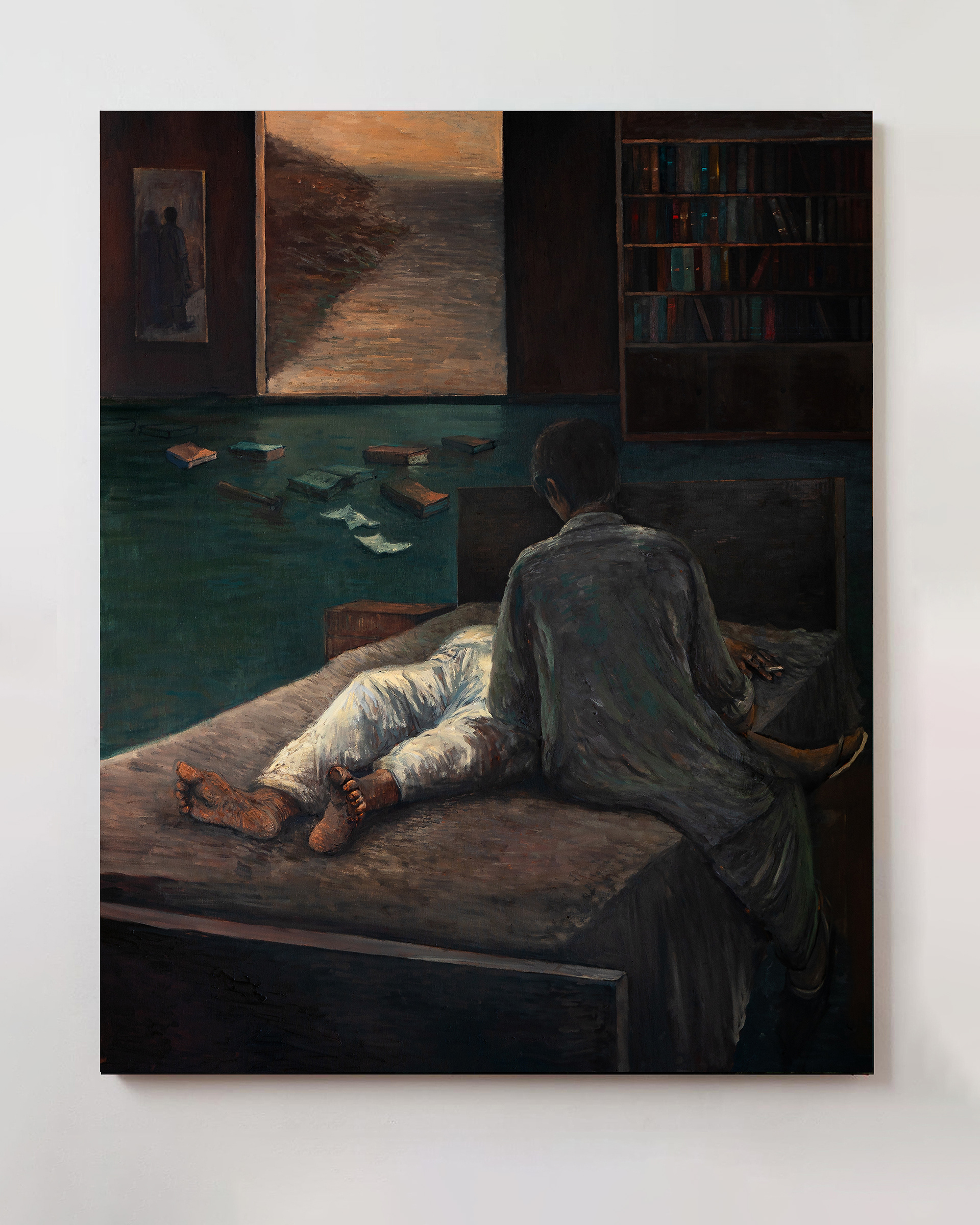 South Asian/ Pakistani man laying on bed - art by Zaam Arif - Artwork as seen in The New Yorker magazine - Muscles by Daniyal Mueenuddin - Zaam Arif - Bazeecha - e - artful - Scott Miller Projects - amor fati