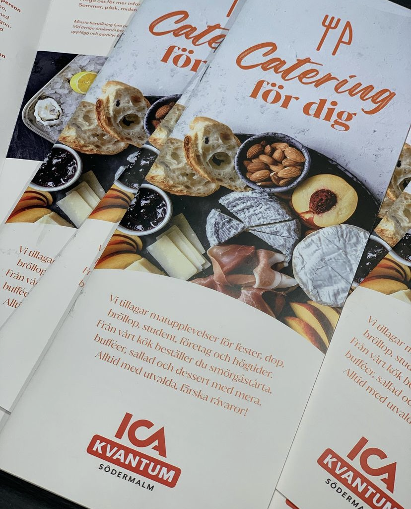 Grafisk formgivning av cateringmeny för ICA Kvantum Södermalm.