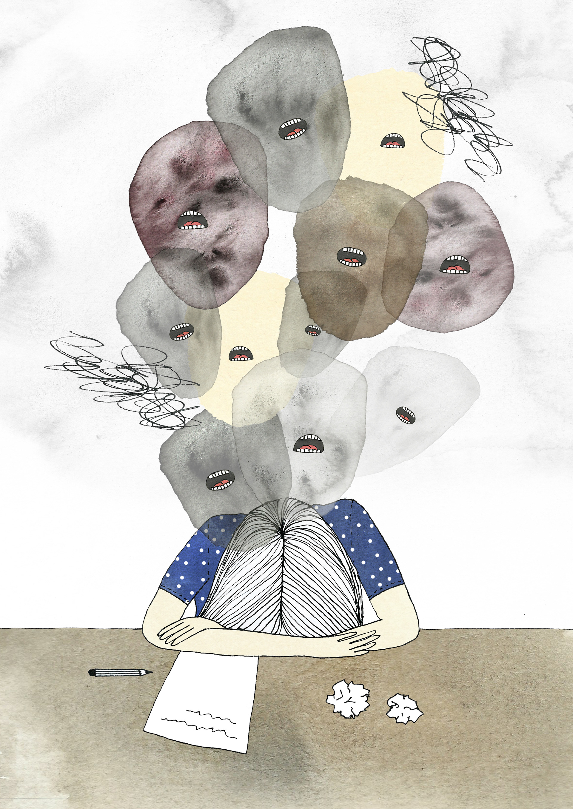 Illustration av en person med huvudet lutat mot armarna, omgiven av molnliknande former med skrikande munnar och klotter.